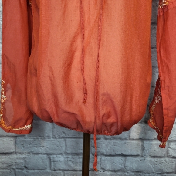 Lucky Brand Top Orange Cream Embroidered Split V Neck Ties Long Sleeve Size S - Picture 4 of 8